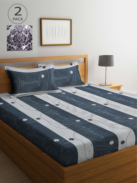 

KLOTTHE Grey & Black Striped 210 TC 2 King Bedsheets with 4 Pillow Covers