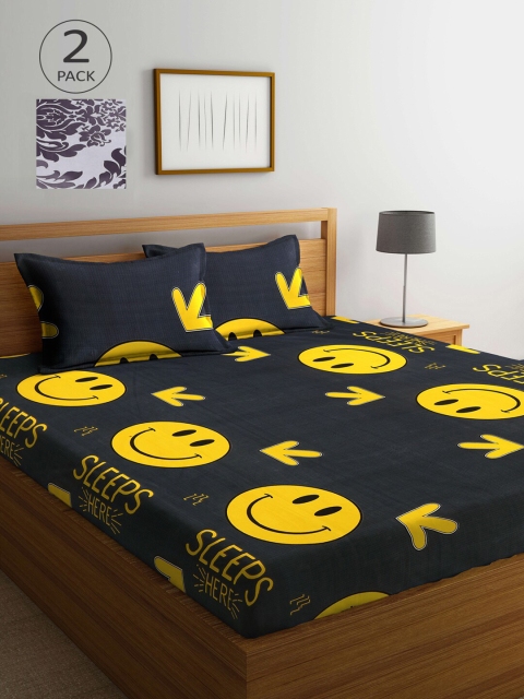 

KLOTTHE Black & Yellow Cartoon Characters 210 TC 2 King Bedsheet with 4 Pillow Covers