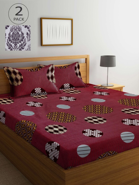 

KLOTTHE Grey & Maroon Ethnic Motifs 210 TC 2 King Bedsheets with 4 Pillow Covers