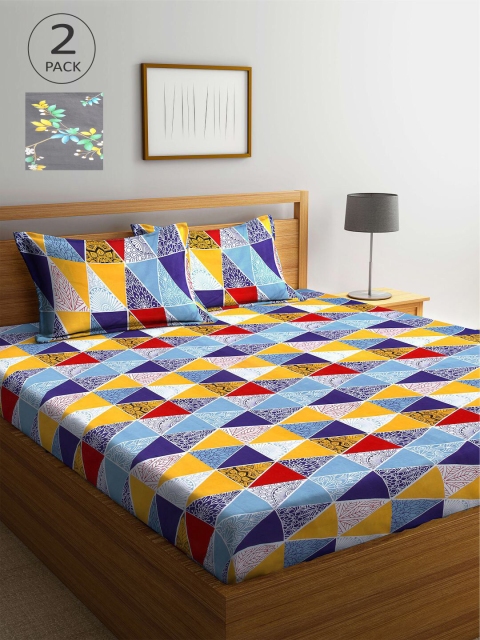 

KLOTTHE Blue & Grey Geometric 210 TC 2 King Bedsheet with 4 Pillow Covers