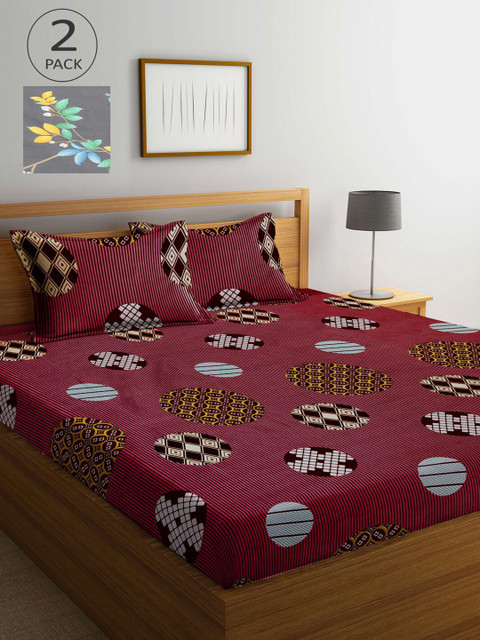 

KLOTTHE Maroon & Grey Geometric 210 TC 2 King Bedsheet with 4 Pillow Covers