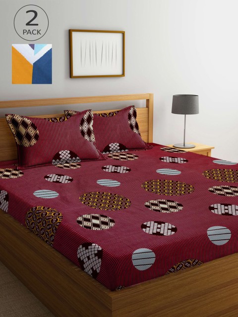 

KLOTTHE Maroon & Blue Geometric 210 TC 2 King Bedsheet with 4 Pillow Covers