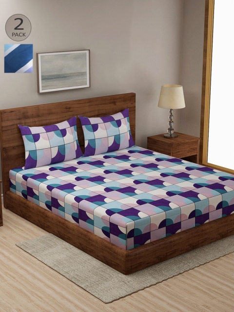

KLOTTHE Blue & Yellow Geometric 210 TC 2 King Bedsheet with 4 Pillow Covers