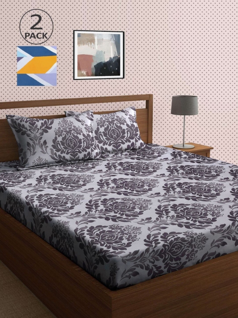 

KLOTTHE Grey & Blue Ethnic Motifs 210 TC 2 King Bedsheet with 4 Pillow Covers