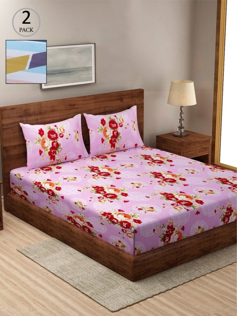 

KLOTTHE Pink & Blue Floral 210 TC 2 King Bedsheet with 4 Pillow Covers