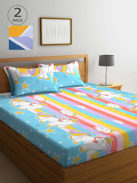 

KLOTTHE Blue & Mustard Cartoon Characters 210 TC 2 King Bedsheet with 4 Pillow Covers