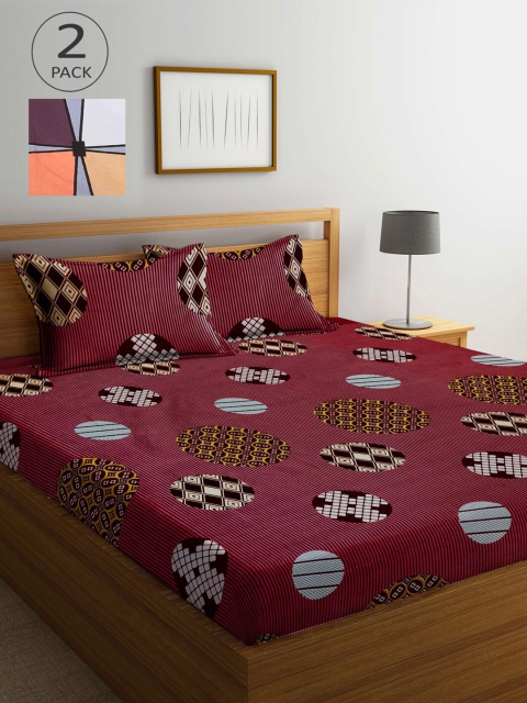 

KLOTTHE Maroon & Grey Geometric 210 TC 2 King Bedsheet with 4 Pillow Covers