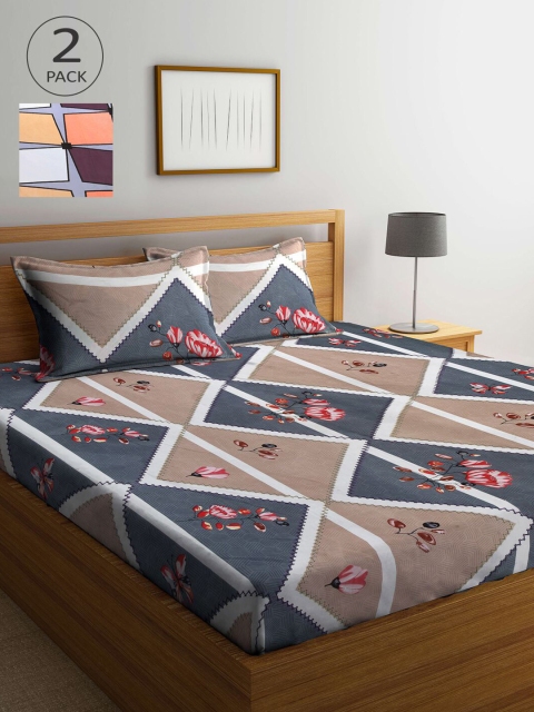 

KLOTTHE Brown & Grey Floral 210 TC 2 King Bedsheet with 4 Pillow Covers