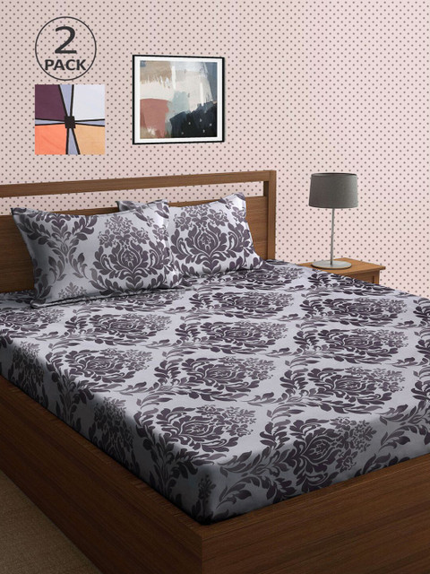 

KLOTTHE Grey & Coral Ethnic Motifs 210 TC 2 King Bedsheet with 4 Pillow Covers