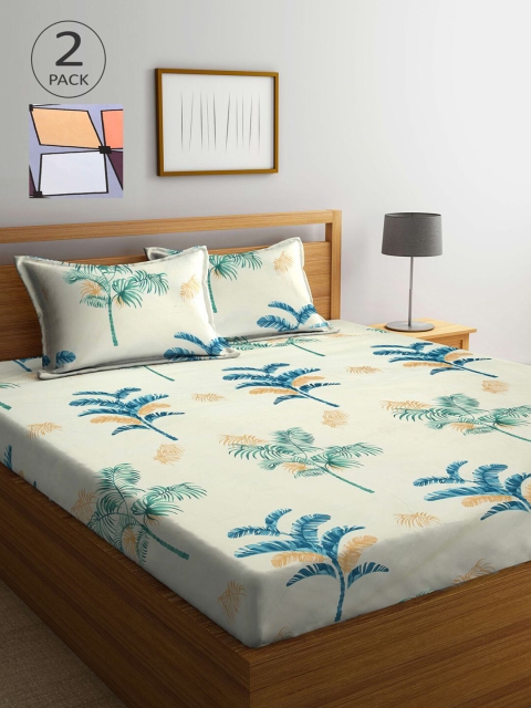 

KLOTTHE White & Green Floral 210 TC 2 King Bedsheet with 4 Pillow Covers