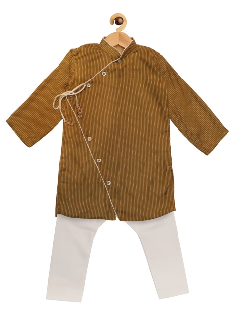 

SOULFULLY INDIAN Boys Olive Green Embroidered Angrakha Pure Cotton Kurta with Pyjamas