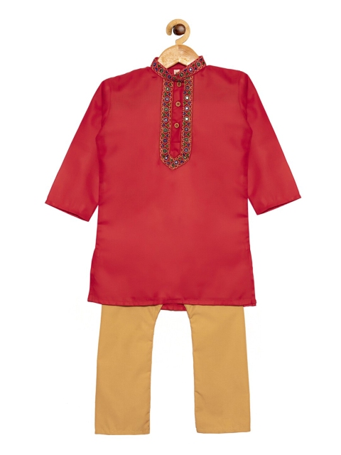 

SOULFULLY INDIAN Boys Red & Beige Embroidered Regular Pure Cotton Kurta with Pyjamas