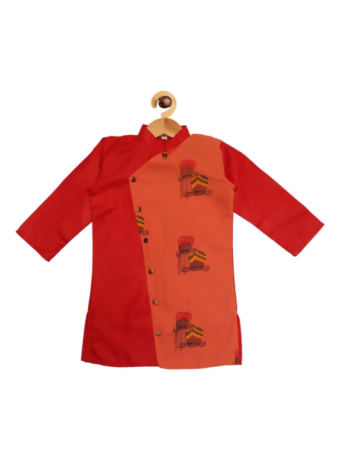 

SOULFULLY INDIAN Boys Red Angrakha Pure Cotton Kurta with Pyjamas