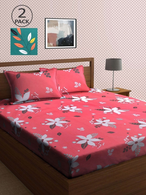 

KLOTTHE Green & Pink Floral 210 TC 2 King Bedsheet with 4 Pillow Covers