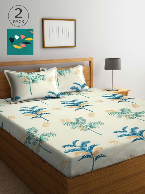 

KLOTTHE White & Green Floral 210 TC 2 King Bedsheet with 4 Pillow Covers