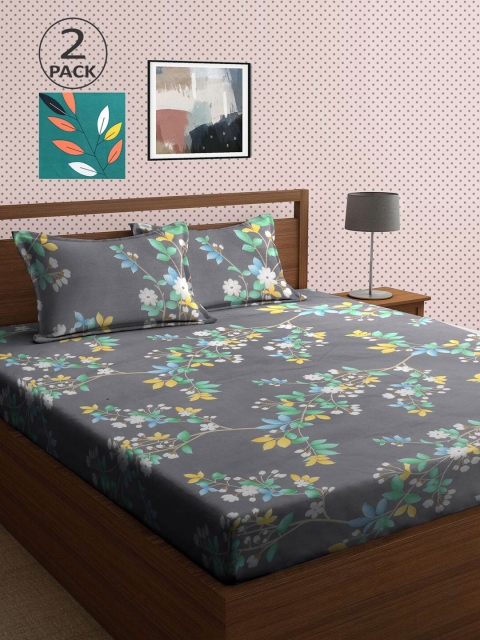 

KLOTTHE Grey & Green Floral 210 TC 2 King Bedsheet with 4 Pillow Covers