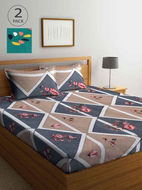

KLOTTHE Grey & Green Floral 210 TC 2 King Bedsheet with 4 Pillow Covers