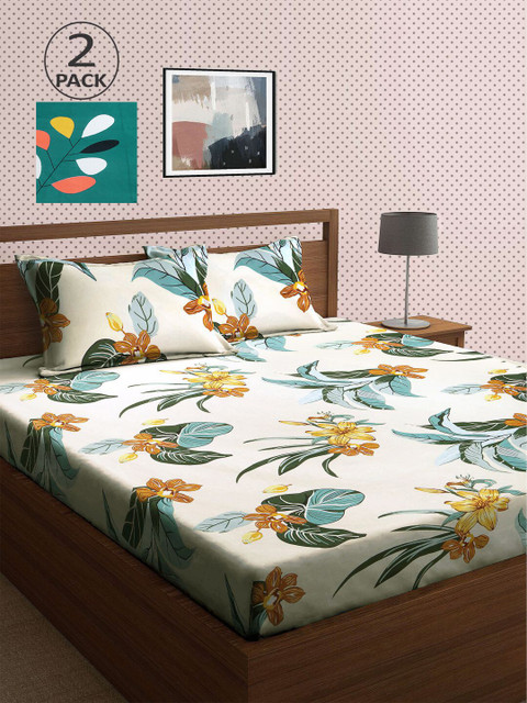 

KLOTTHE Yellow & Green Floral 210 TC 2 King Bedsheets with 4 Pillow Covers