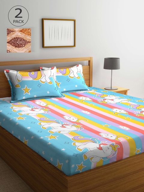 

KLOTTHE Blue & Pink Cartoon Characters 210 TC 2 King Bedsheet with 4 Pillow Covers