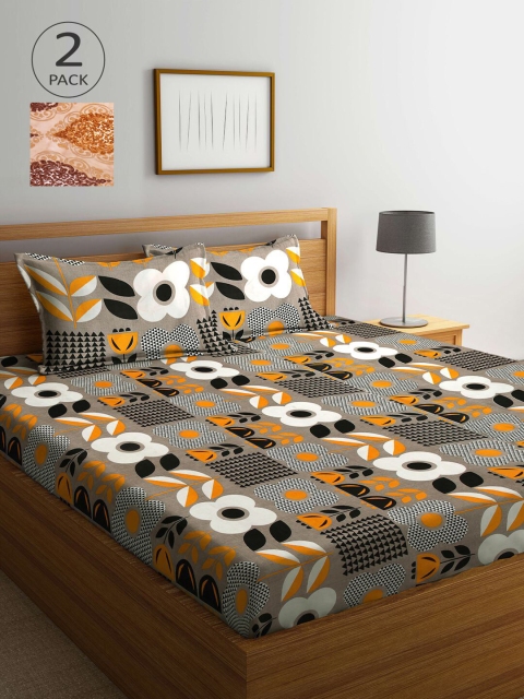 

KLOTTHE Grey & Beige Floral 210 TC 2 King Bedsheets with 4 Pillow Covers