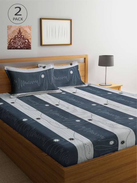 

KLOTTHE Beige & Grey Striped 210 TC 2 King Bedsheet with 4 Pillow Covers