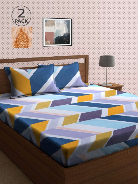 

KLOTTHE Blue & Yellow Geometric 210 TC 2 King Bedsheet with 4 Pillow Covers