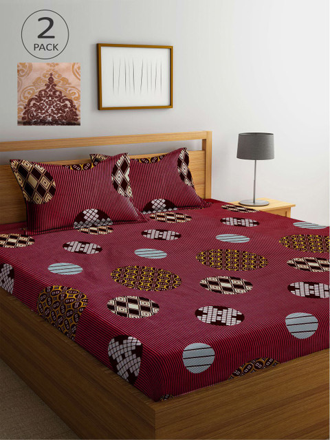 

KLOTTHE Maroon & Beige Geometric 210 TC 2 King Bedsheet with 4 Pillow Covers