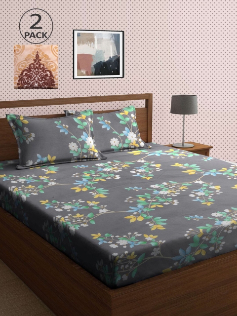 

KLOTTHE Grey & Beige Floral 210 TC 2 King Bedsheet with 4 Pillow Covers