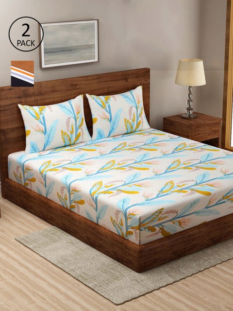 

KLOTTHE White & Blue Floral 210 TC 2 King Bedsheet with 4 Pillow Covers