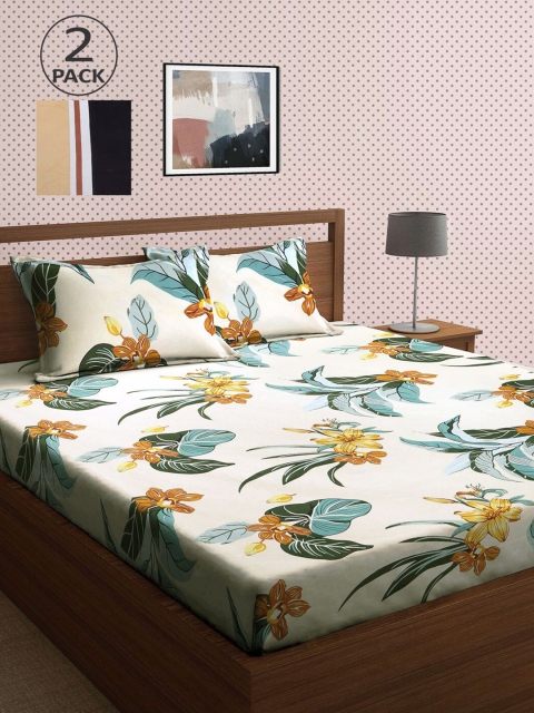 

KLOTTHE White & Green Floral 210 TC 2 King Bedsheet with 4 Pillow Covers
