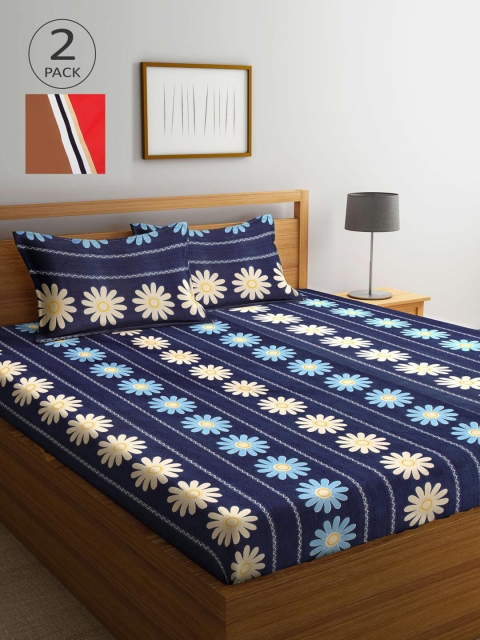 

KLOTTHE Navy Blue & White Floral 210 TC 2 King Bedsheet with 4 Pillow Covers