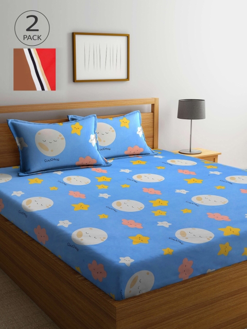 

KLOTTHE Blue & Mustard Cartoon Characters 210 TC 2 King Bedsheet with 4 Pillow Covers