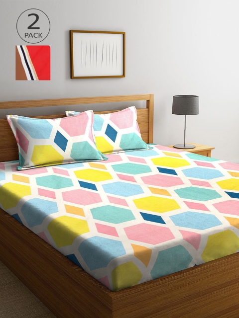 

KLOTTHE Yellow & Pink Geometric 210 TC 2 King Bedsheets with 4 Pillow Covers