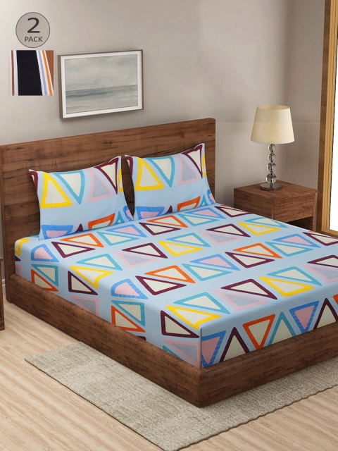 

KLOTTHE Blue & Yellow Geometric 210 TC 2 King Bedsheets with 4 Pillow Covers