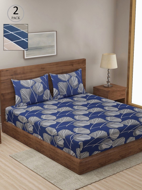

KLOTTHE Blue & Grey Floral 210 TC 2 King Bedsheet with 4 Pillow Covers