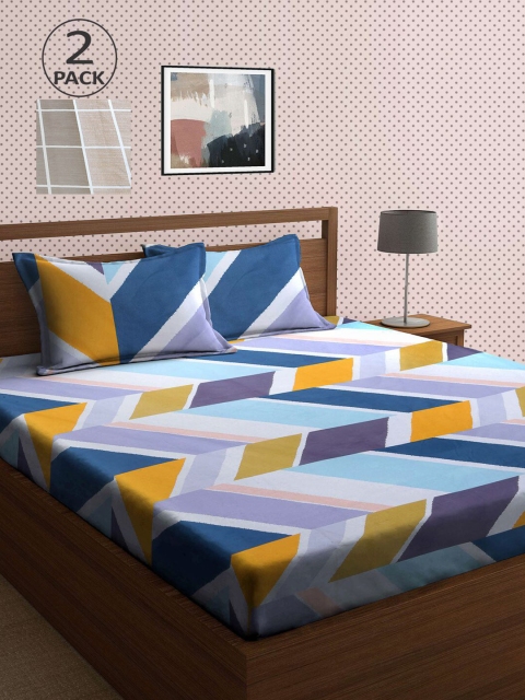 

KLOTTHE Blue & White Geometric 210 TC 2 King Bedsheet with 4 Pillow Covers