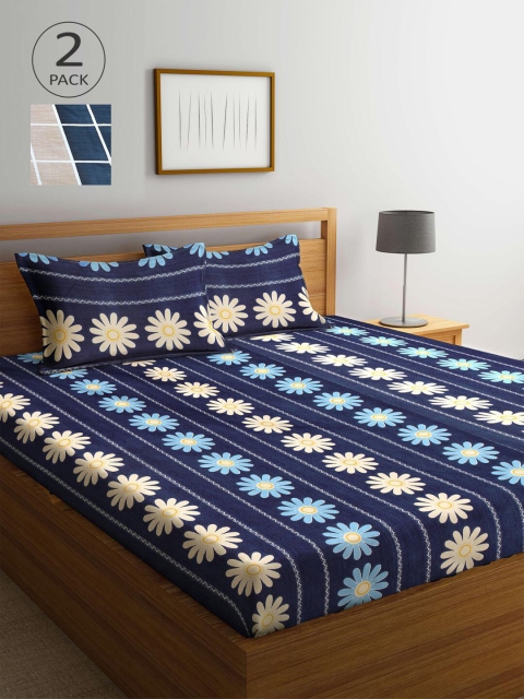 

KLOTTHE Blue & Grey Floral 210 TC 2 King Bedsheet with 4 Pillow Covers