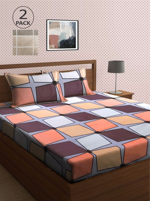 

KLOTTHE Coral & Grey Geometric 210 TC 2 King Bedsheets with 4 Pillow Covers