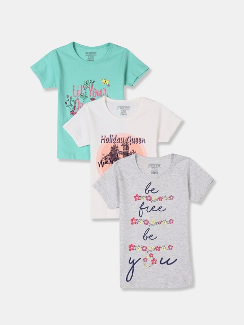 

Cherokee Girls Pack Of 3 Typography Printed Pure Cotton T-shirt, Blue