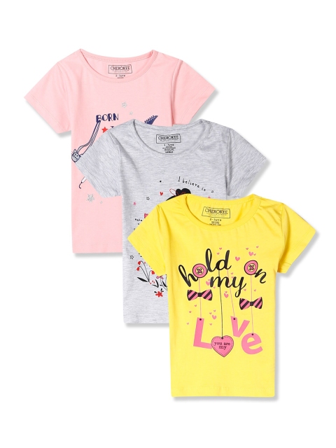 

Cherokee Set-3 Girls Assorted Typography Printed Cotton T-shirt