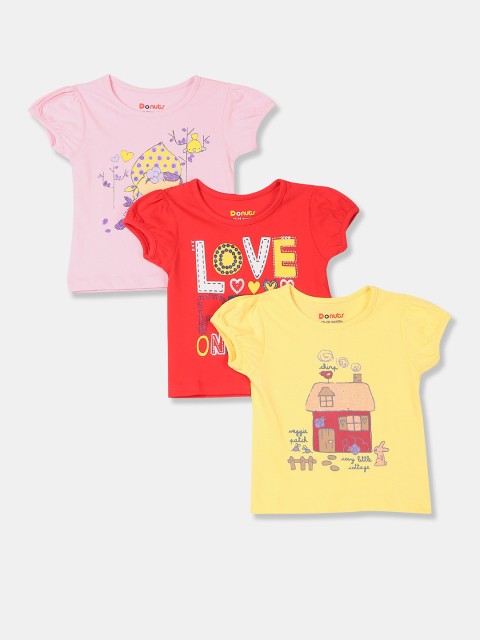 

Cherokee Set-3 Girls Assorted Typography Printed Puff Sleeves Cotton T-shirt