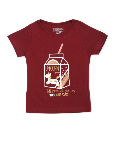 

Cherokee Girls Maroon Pure Cotton Printed T-shirt