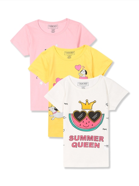 

Cherokee Girls Pack Of 3 Assorted Typography Printed Pure Cotton T-shirt