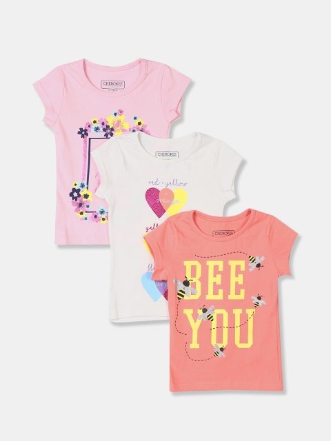 

Cherokee Girls Multicoloured Typography 3 Printed Applique T-shirt, Multi