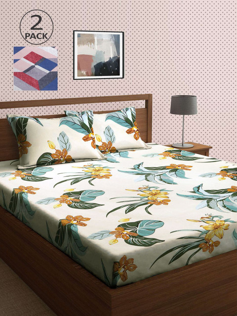 

KLOTTHE Off White & Taupe Floral 210 TC 2 King Bedsheet with 4 Pillow Covers