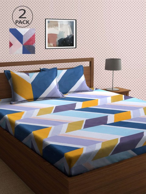 

KLOTTHE Blue & Yellow Geometric 210 TC 2 King Bedsheet with 4 Pillow Covers