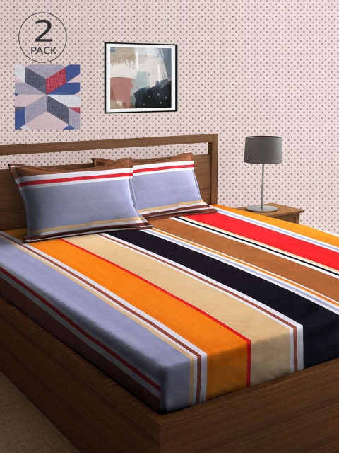 

KLOTTHE Blue & Orange Striped 210 TC 2 King Bedsheet with 4 Pillow Covers