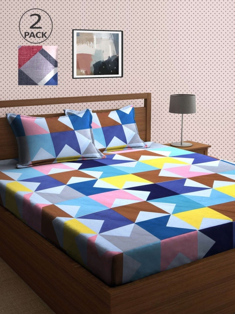 

KLOTTHE Blue & Pink Geometric 210 TC 2 King Bedsheet with 4 Pillow Covers