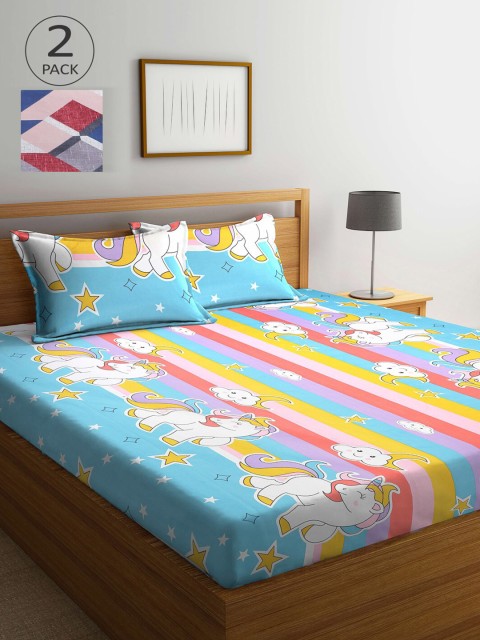 

KLOTTHE Blue & Taupe Cartoon Characters 210 TC 2 King Bedsheet with 4 Pillow Covers