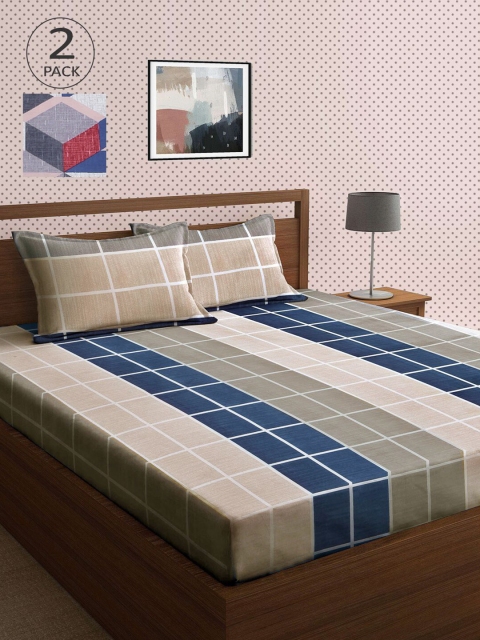 

KLOTTHE Blue & Grey Geometric 210 TC 2 King Bedsheet with 4 Pillow Covers